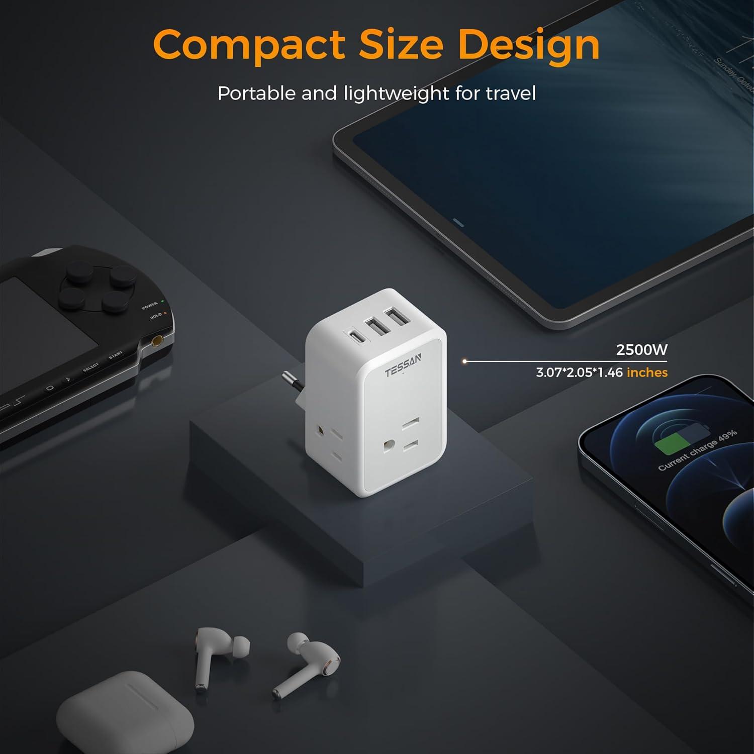 image2 Pack European Travel Plug Adapter TESSAN US to Europe Power Adapter 3 Outlets 3 USB Ports1 USB C Type C Adaptor for USA to EU Germany Iceland Spain Italy France International Essentials