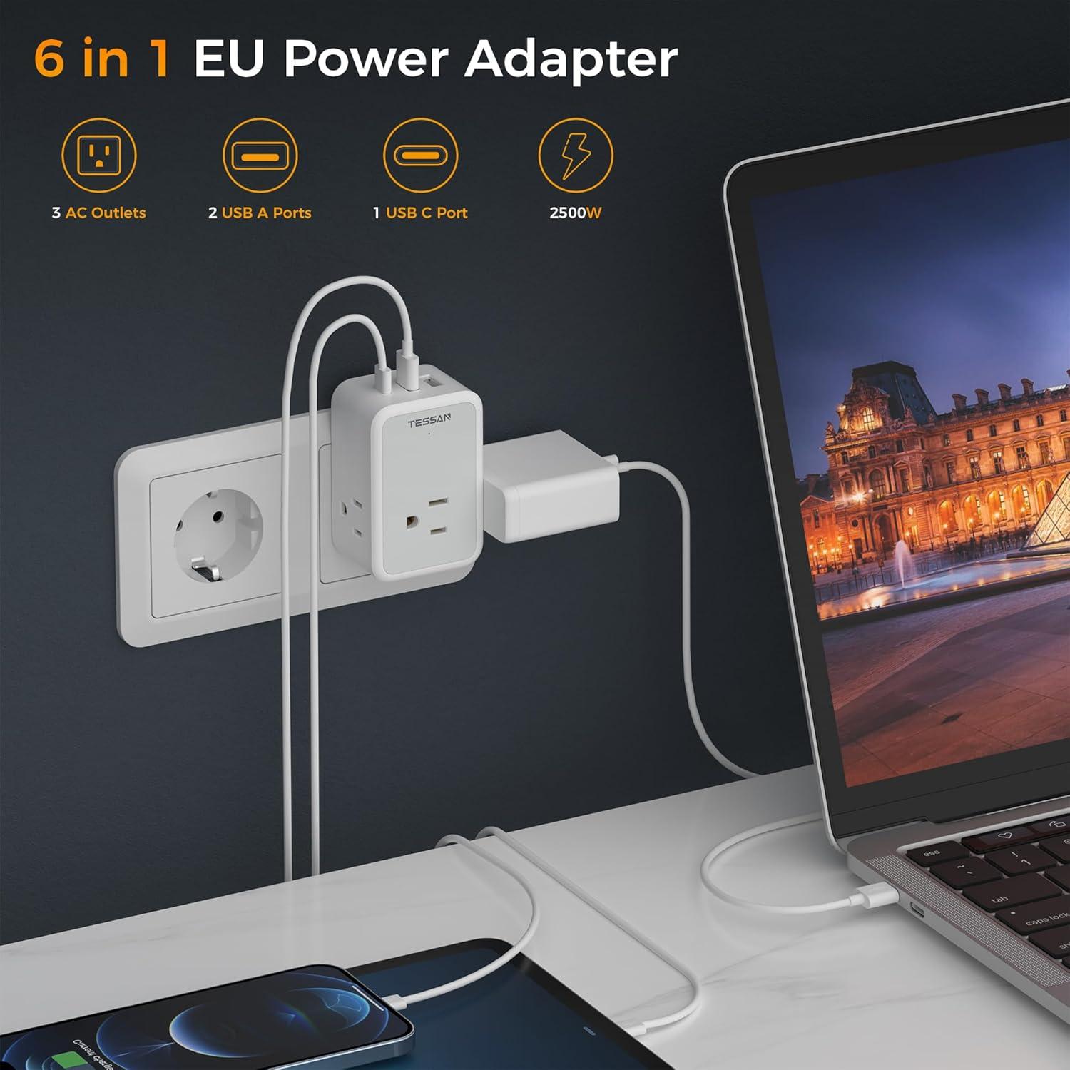 image2 Pack European Travel Plug Adapter TESSAN US to Europe Power Adapter 3 Outlets 3 USB Ports1 USB C Type C Adaptor for USA to EU Germany Iceland Spain Italy France International Essentials