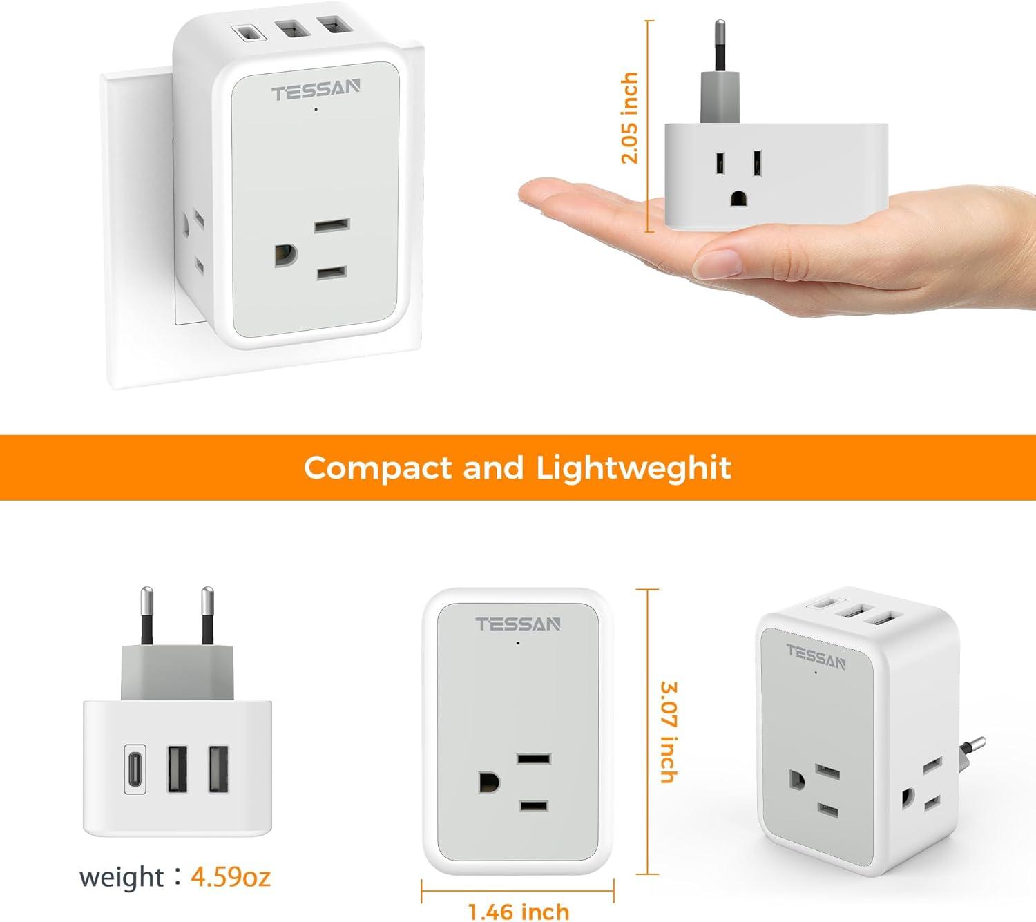 image2 Pack European Travel Plug Adapter TESSAN US to Europe Power Adapter 3 Outlets 3 USB Ports1 USB C Type C Adaptor for USA to EU Germany Iceland Spain Italy France International Essentials