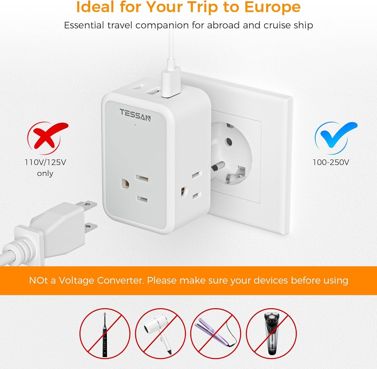 image2 Pack European Travel Plug Adapter TESSAN US to Europe Power Adapter 3 Outlets 3 USB Ports1 USB C Type C Adaptor for USA to EU Germany Iceland Spain Italy France International Essentials