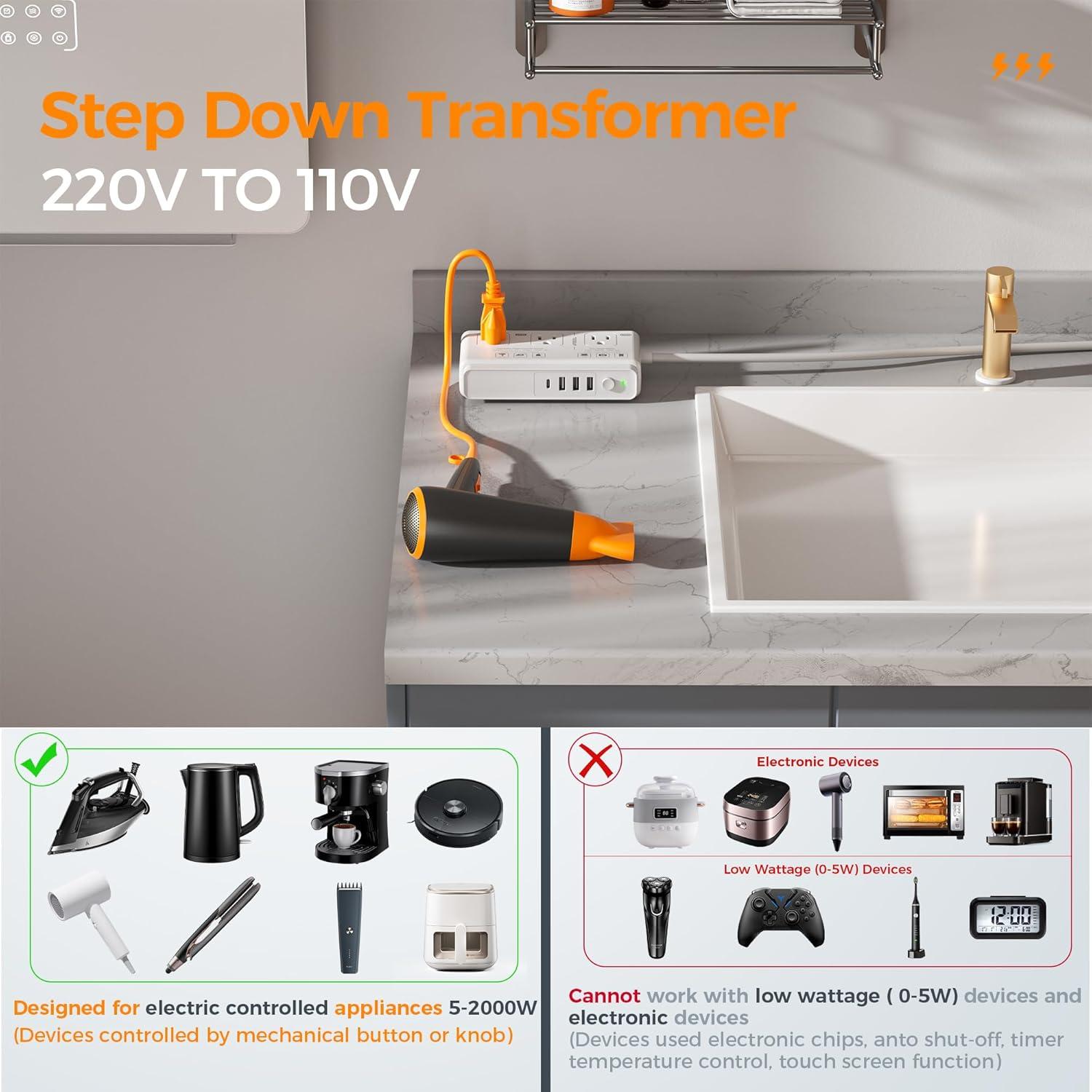 imageEuropean Travel Plug Adapter 2 Pack TESSAN International Power Outlet Adaptor with 2 USB 220V to 110V Voltage Converter Step Down Transformer for UK EU AUS Italy Spain for Hair Dryer Curling Iron