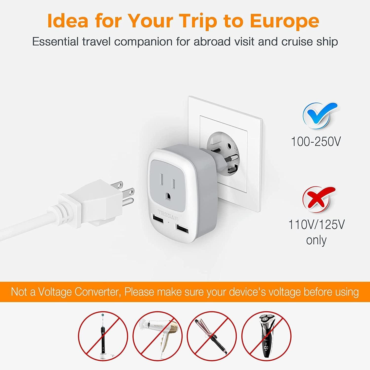 imageEuropean Travel Plug Adapter 2 Pack TESSAN International Power Outlet Adaptor with 2 USB 220V to 110V Voltage Converter Step Down Transformer for UK EU AUS Italy Spain for Hair Dryer Curling Iron