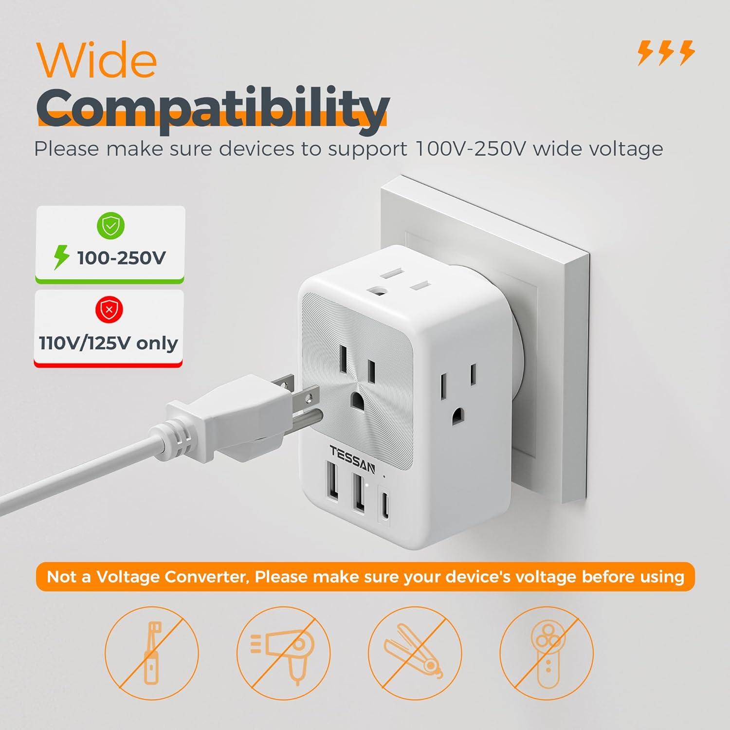 imageEuropean Travel Plug Adapter 2 Packs TESSAN Europe International Power Adaptor with 4 Outlets 3 USB Charging Ports 1 USB C Type C Plug for Germany Iceland Spain Italy FranceGrey white Type M