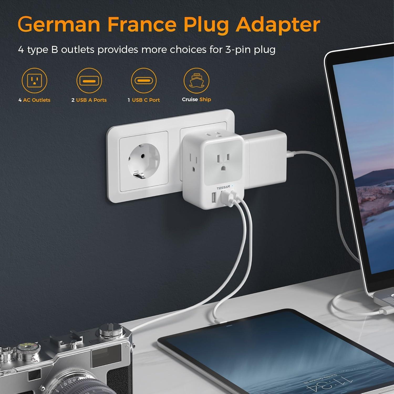 imageEuropean Travel Plug Adapter 2 Packs TESSAN Europe International Power Adaptor with 4 Outlets 3 USB Charging Ports 1 USB C Type C Plug for Germany Iceland Spain Italy FranceGray whiteType E F