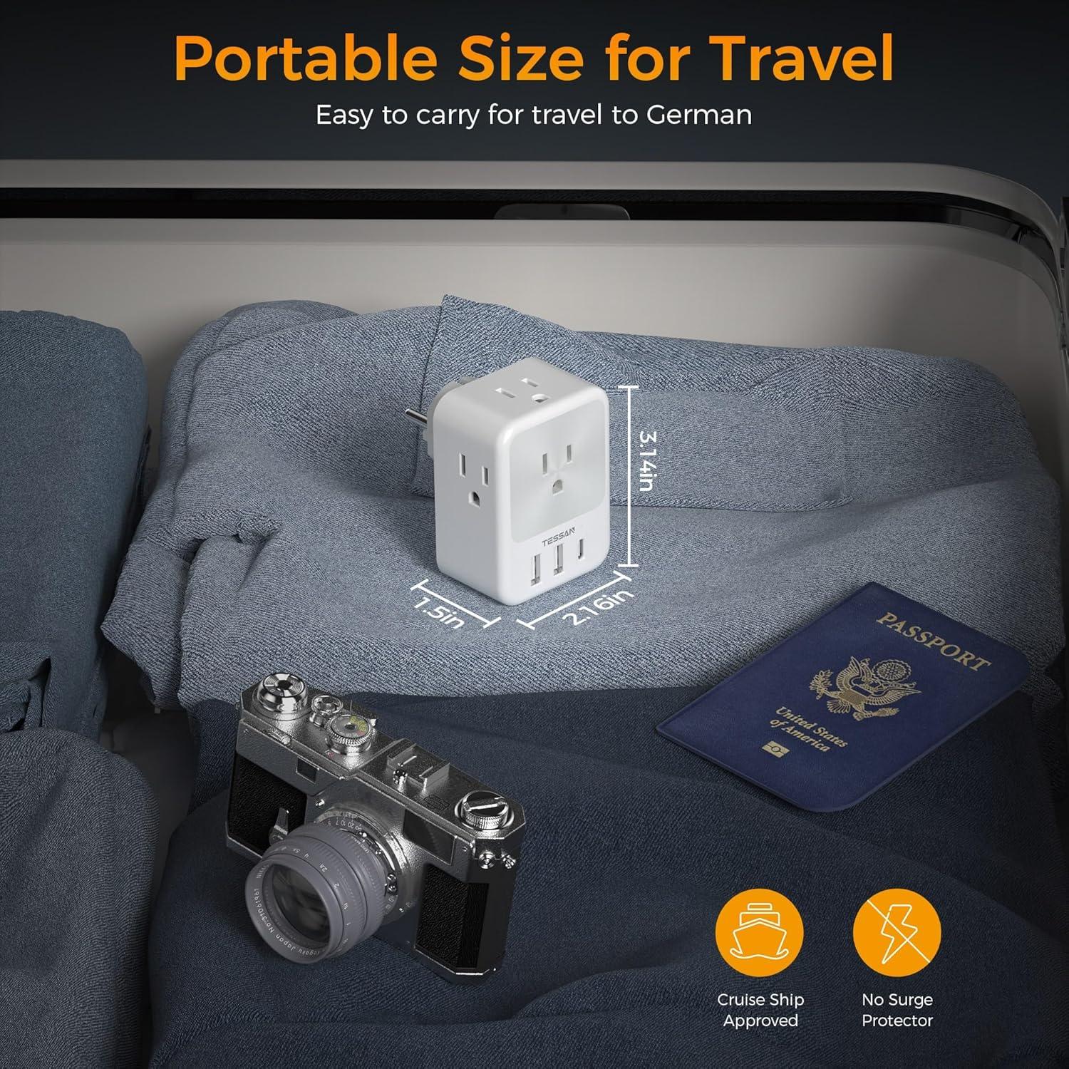 imageEuropean Travel Plug Adapter 2 Packs TESSAN Europe International Power Adaptor with 4 Outlets 3 USB Charging Ports 1 USB C Type C Plug for Germany Iceland Spain Italy FranceGray whiteType E F