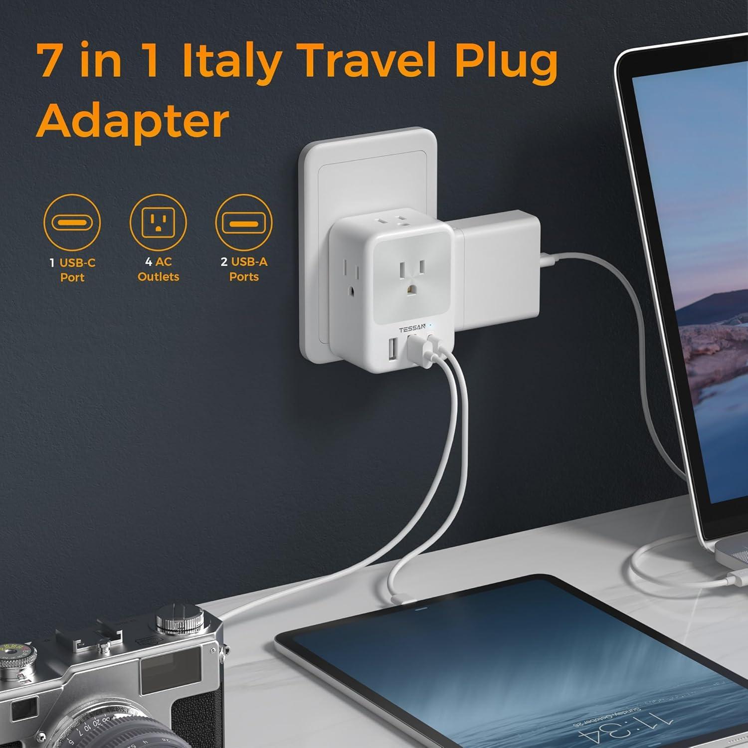 imageEuropean Travel Plug Adapter 2 Packs TESSAN Europe International Power Adaptor with 4 Outlets 3 USB Charging Ports 1 USB C Type C Plug for Germany Iceland Spain Italy FranceWhiteGrey Type L