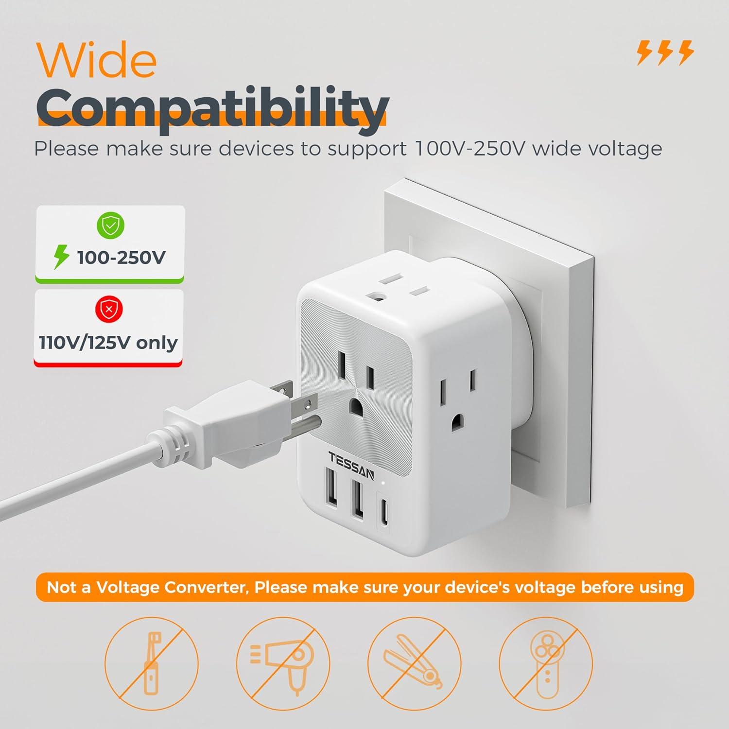 imageEuropean Travel Plug Adapter 2 Packs TESSAN Europe International Power Adaptor with 4 Outlets 3 USB Charging Ports 1 USB C Type C Plug for Germany Iceland Spain Italy FranceGrey white Type D