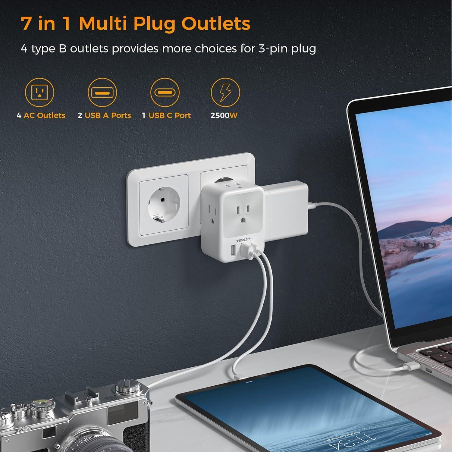 imageEuropean Travel Plug Adapter 2 Packs TESSAN Europe International Power Adaptor with 4 Outlets 3 USB Charging Ports 1 USB C Type C Plug for Germany Iceland Spain Italy Francewhite gray Type C