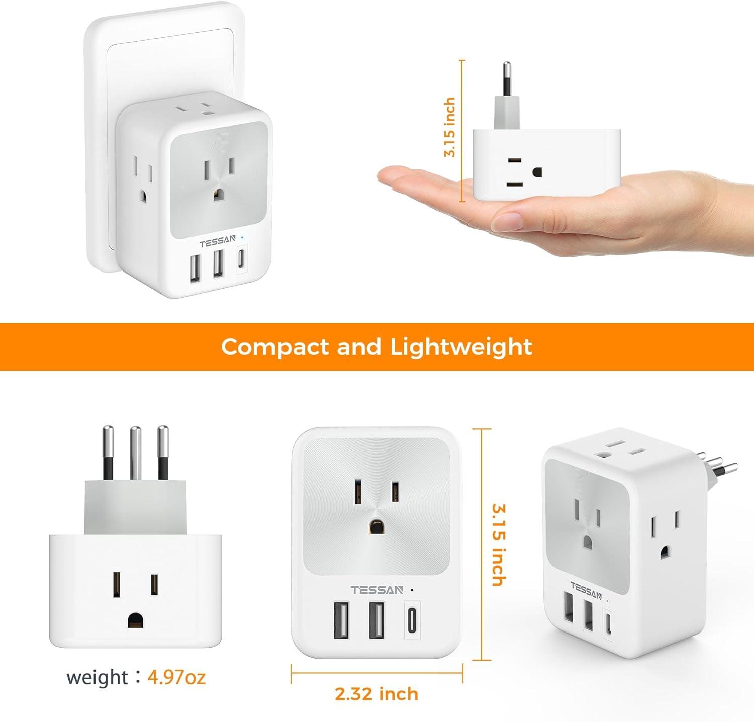 imageEuropean Travel Plug Adapter 2 Packs TESSAN Europe International Power Adaptor with 4 Outlets 3 USB Charging Ports 1 USB C Type C Plug for Germany Iceland Spain Italy FranceWhiteGrey Type L