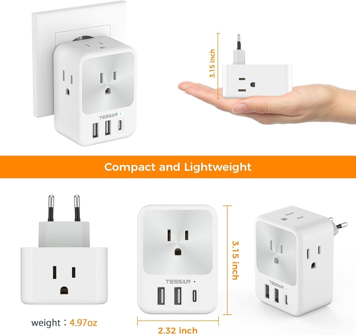 imageEuropean Travel Plug Adapter 2 Packs TESSAN Europe International Power Adaptor with 4 Outlets 3 USB Charging Ports 1 USB C Type C Plug for Germany Iceland Spain Italy Francewhite gray Type C