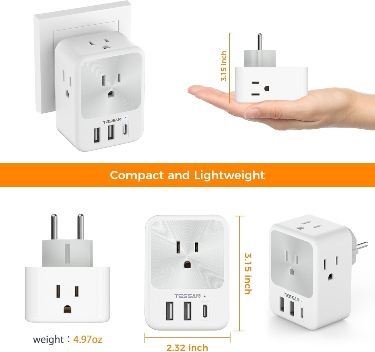 imageEuropean Travel Plug Adapter 2 Packs TESSAN Europe International Power Adaptor with 4 Outlets 3 USB Charging Ports 1 USB C Type C Plug for Germany Iceland Spain Italy FranceGray whiteType E F