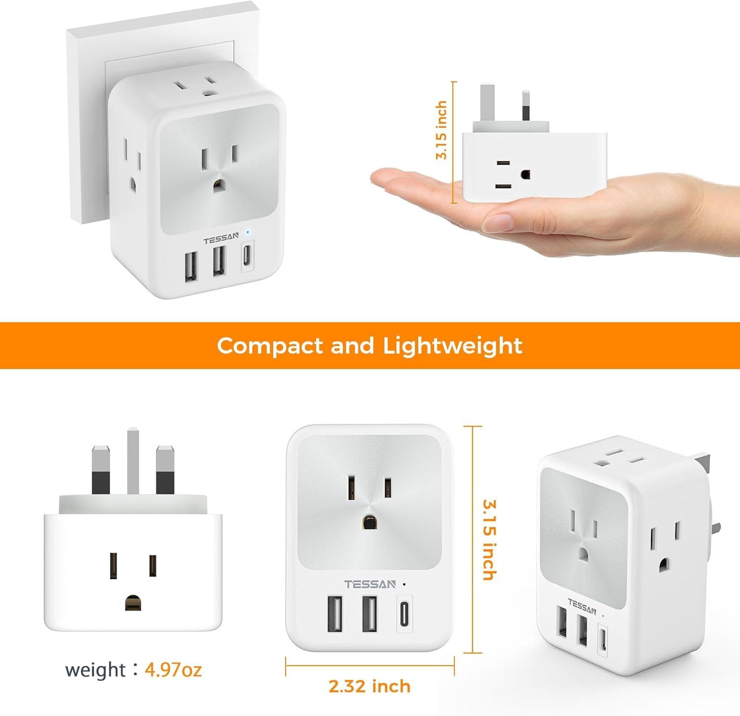 imageEuropean Travel Plug Adapter 2 Packs TESSAN Europe International Power Adaptor with 4 Outlets 3 USB Charging Ports 1 USB C Type C Plug for Germany Iceland Spain Italy FranceGrey white Type G