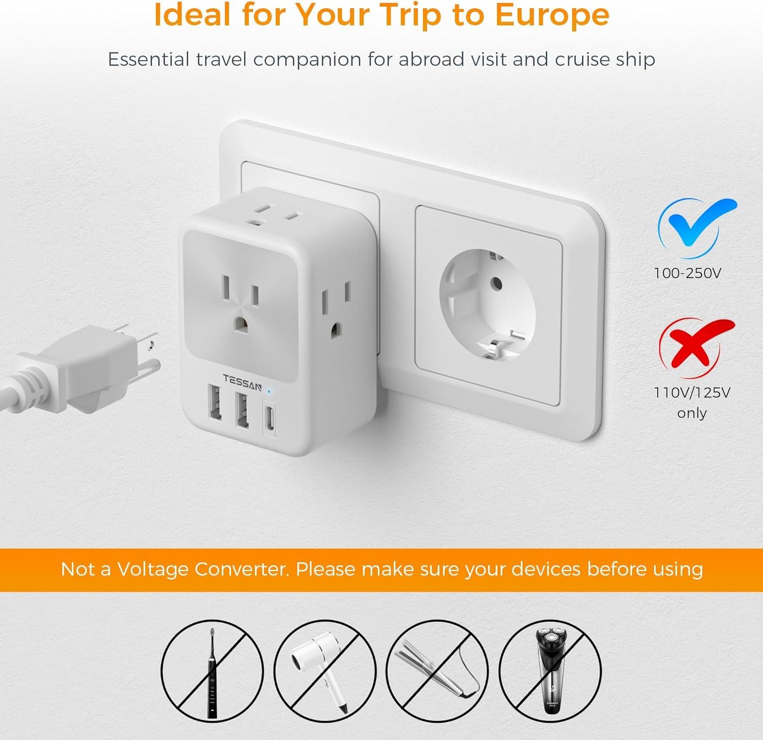 imageEuropean Travel Plug Adapter 2 Packs TESSAN Europe International Power Adaptor with 4 Outlets 3 USB Charging Ports 1 USB C Type C Plug for Germany Iceland Spain Italy FranceGray whiteType E F