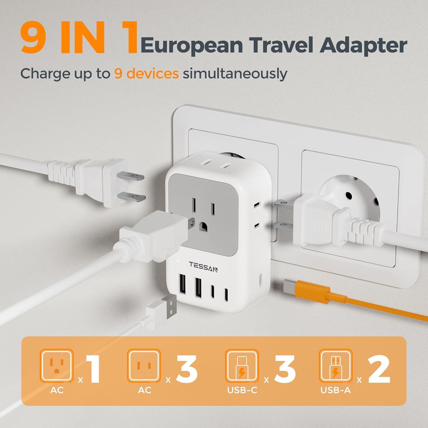 imageEuropean Travel Plug Adapter 28W TESSAN US to Europe Plug Adapter with 4 Outlets 5 USB Ports 3 USB C Type C Power Adaptor for USA to EU Euro Italy Spain France Iceland Germany Greece Portugal