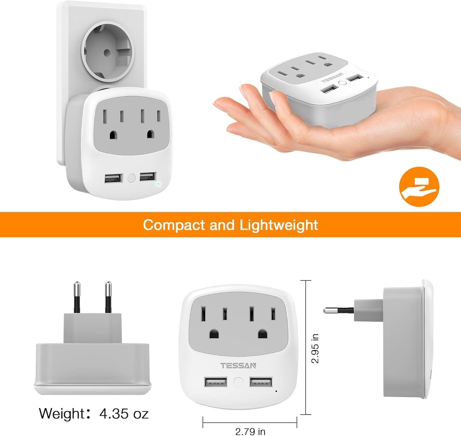 imageEuropean Travel Plug Adapter TESSAN Type C Adaptor with 2 Electrical Outlets 2 USB Ports 1 USB C EU Power Adapter for US to Europe International Iceland Spain Italy France Germany GreeceGreyType C2 Pack