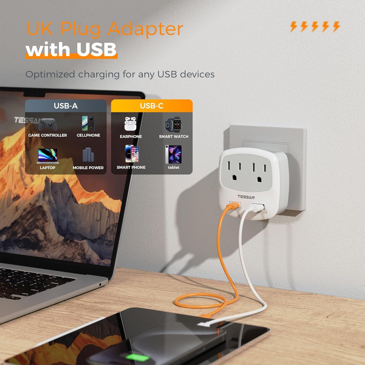 imageEuropean Travel Plug Adapter TESSAN Type C Adaptor with 2 Electrical Outlets 2 USB Ports 1 USB C EU Power Adapter for US to Europe International Iceland Spain Italy France Germany GreeceGreyUKUSB C