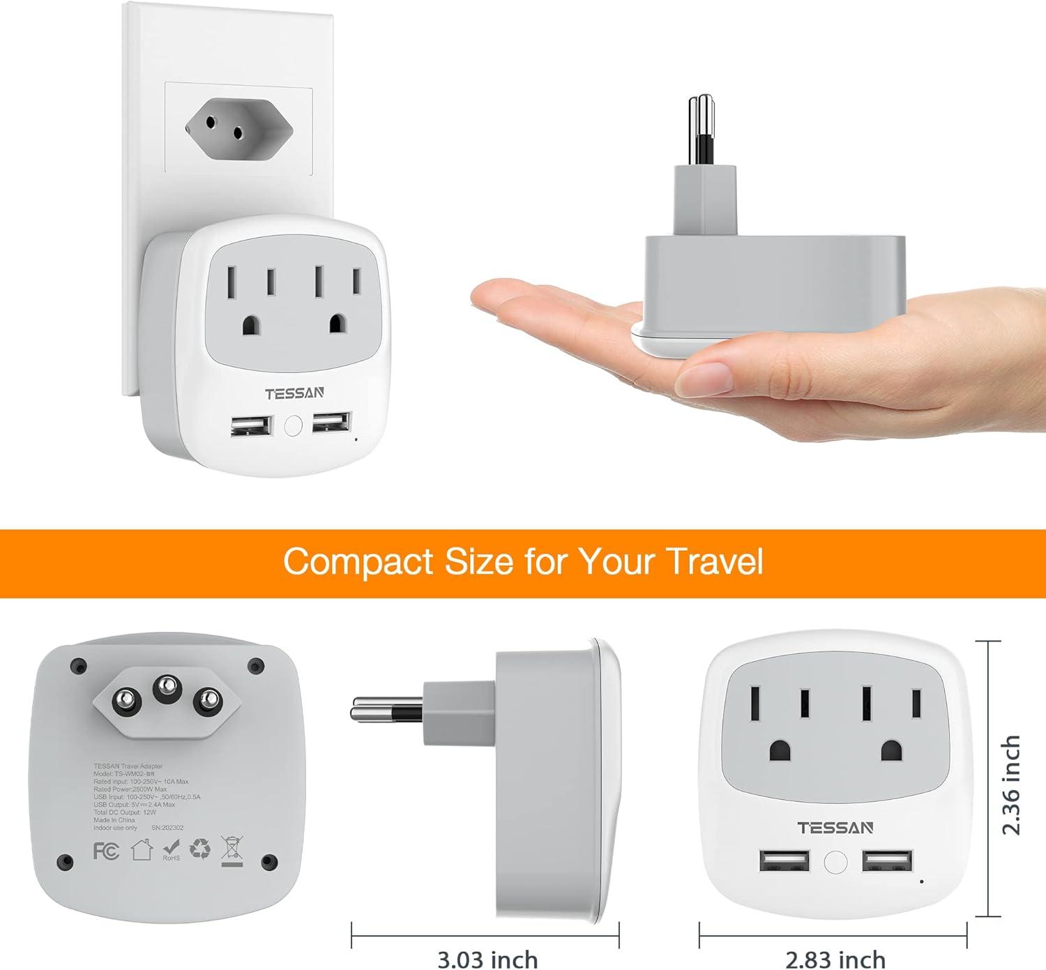 imageEuropean Travel Plug Adapter TESSAN Type C Adaptor with 2 Electrical Outlets 2 USB Ports 1 USB C EU Power Adapter for US to Europe International Iceland Spain Italy France Germany GreeceGreywhiteType N