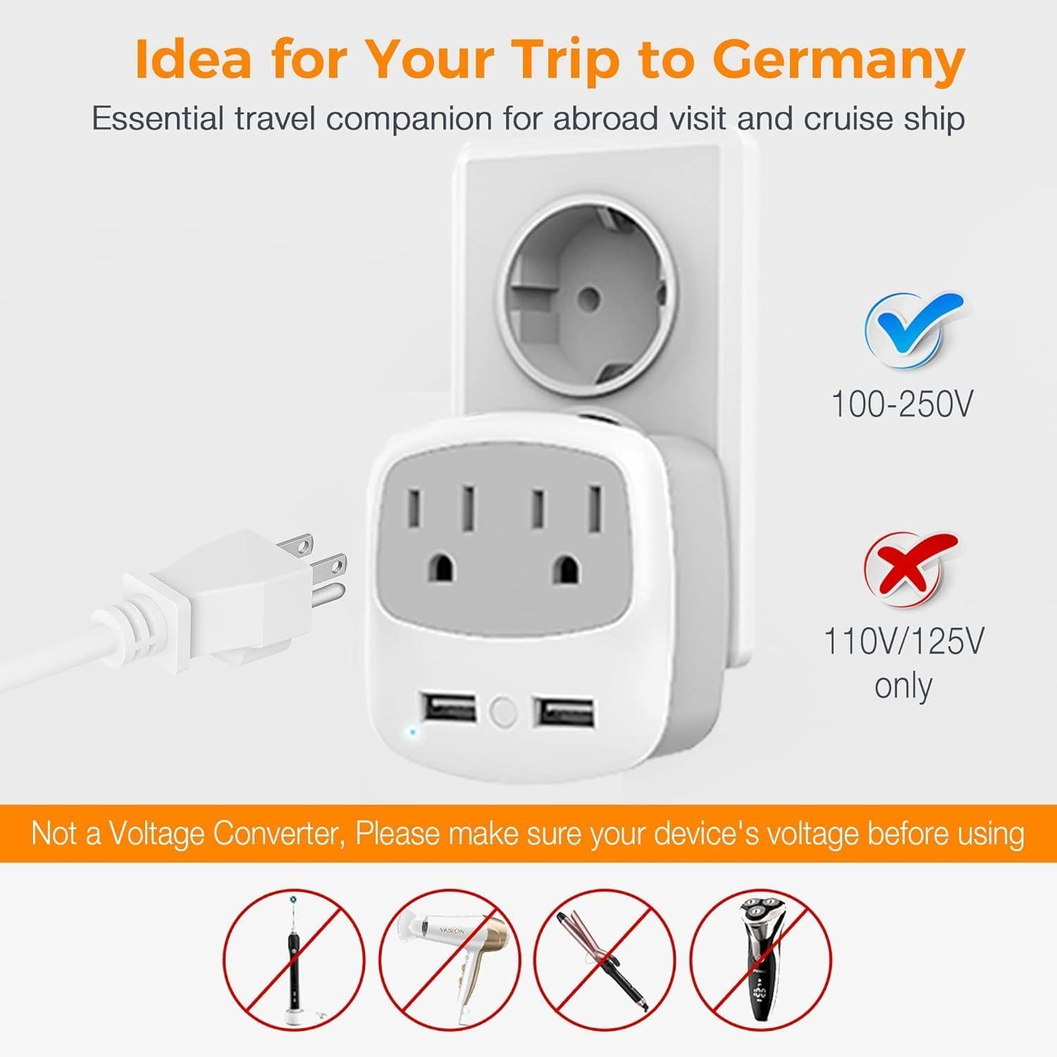 imageEuropean Travel Plug Adapter TESSAN Type C Adaptor with 2 Electrical Outlets 2 USB Ports 1 USB C EU Power Adapter for US to Europe International Iceland Spain Italy France Germany GreeceGreyType EF2 Pack