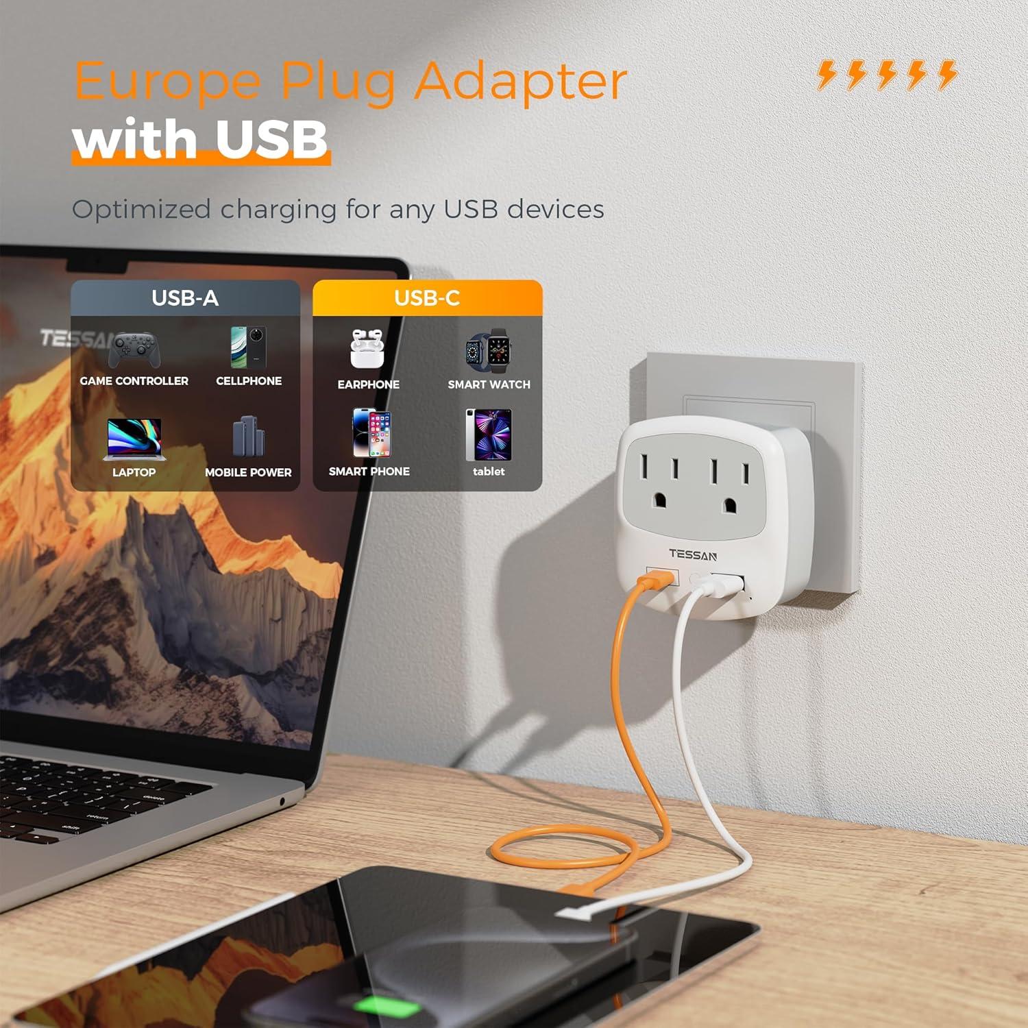imageEuropean Travel Plug Adapter TESSAN Type C Adaptor with 2 Electrical Outlets 2 USB Ports 1 USB C EU Power Adapter for US to Europe International Iceland Spain Italy France Germany GreeceGrey
