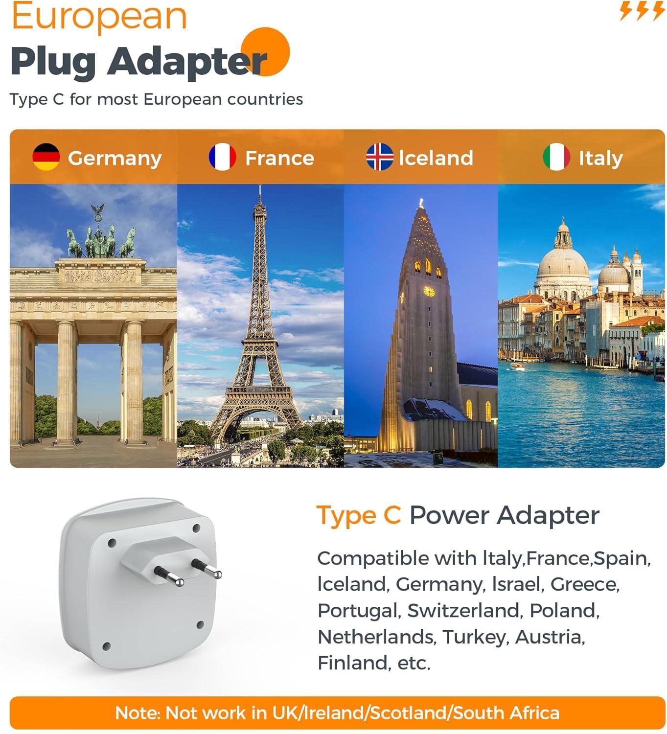 imageEuropean Travel Plug Adapter TESSAN Type C Adaptor with 2 Electrical Outlets 2 USB Ports 1 USB C EU Power Adapter for US to Europe International Iceland Spain Italy France Germany GreeceGrey