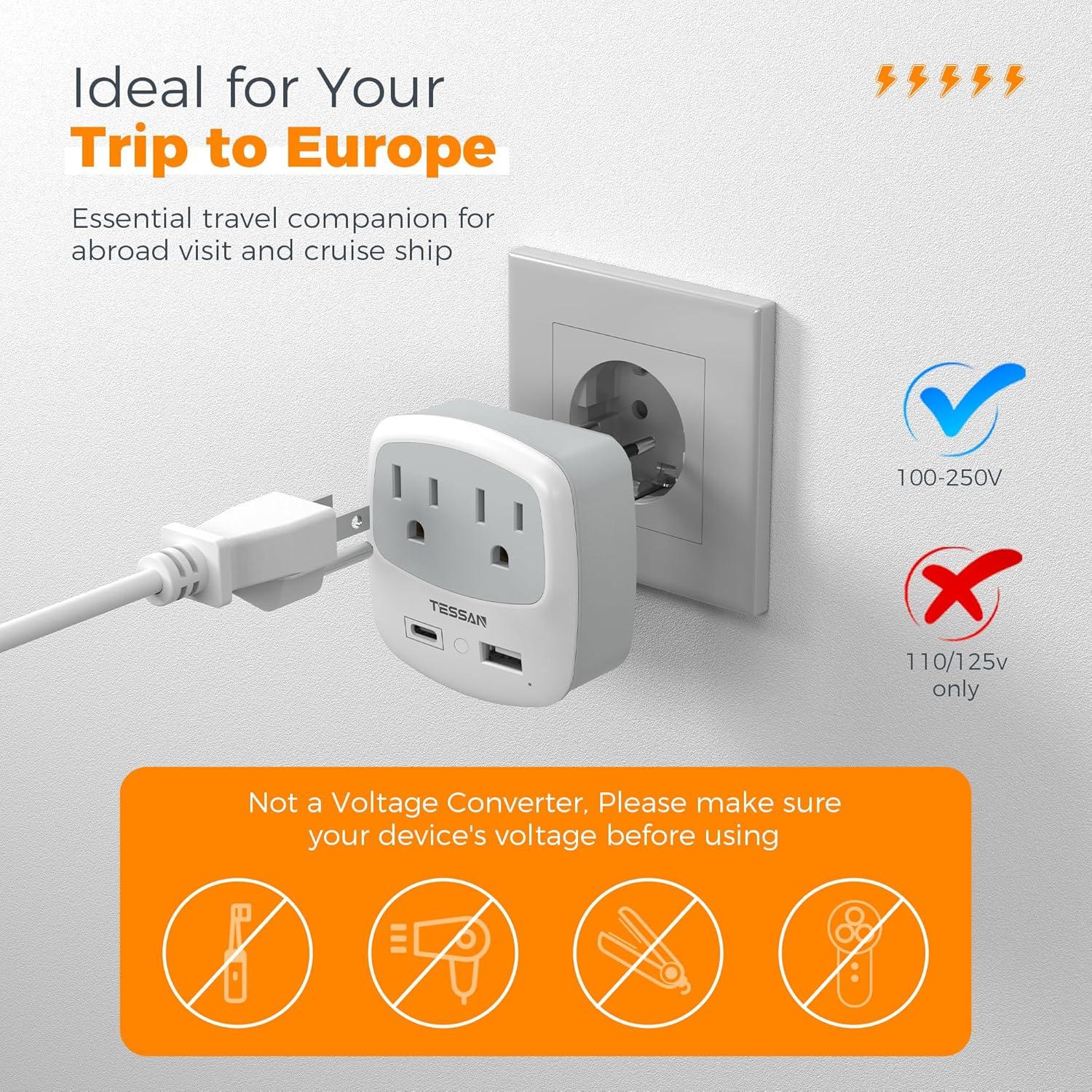 imageEuropean Travel Plug Adapter TESSAN Type C Adaptor with 2 Electrical Outlets 2 USB Ports 1 USB C EU Power Adapter for US to Europe International Iceland Spain Italy France Germany GreeceGrey