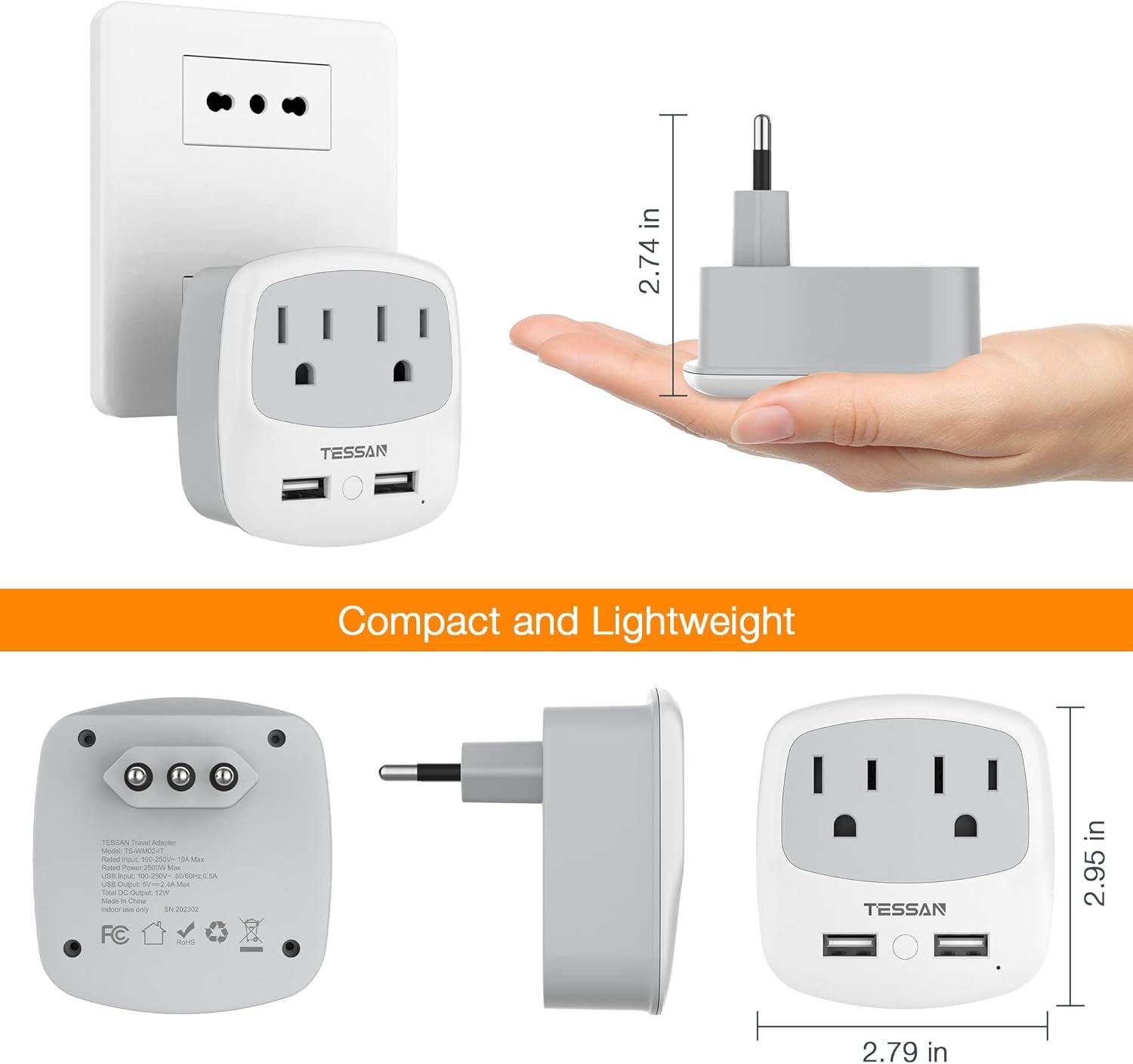 imageEuropean Travel Plug Adapter TESSAN Type C Adaptor with 2 Electrical Outlets 2 USB Ports 1 USB C EU Power Adapter for US to Europe International Iceland Spain Italy France Germany GreecegreyType L