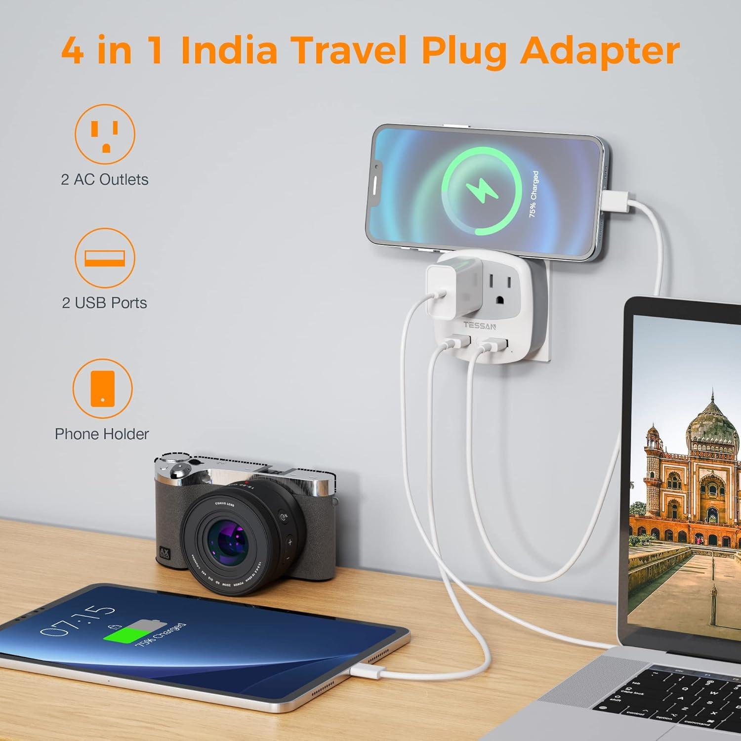 imageEuropean Travel Plug Adapter TESSAN Type C Adaptor with 2 Electrical Outlets 2 USB Ports 1 USB C EU Power Adapter for US to Europe International Iceland Spain Italy France Germany GreecegreyType D
