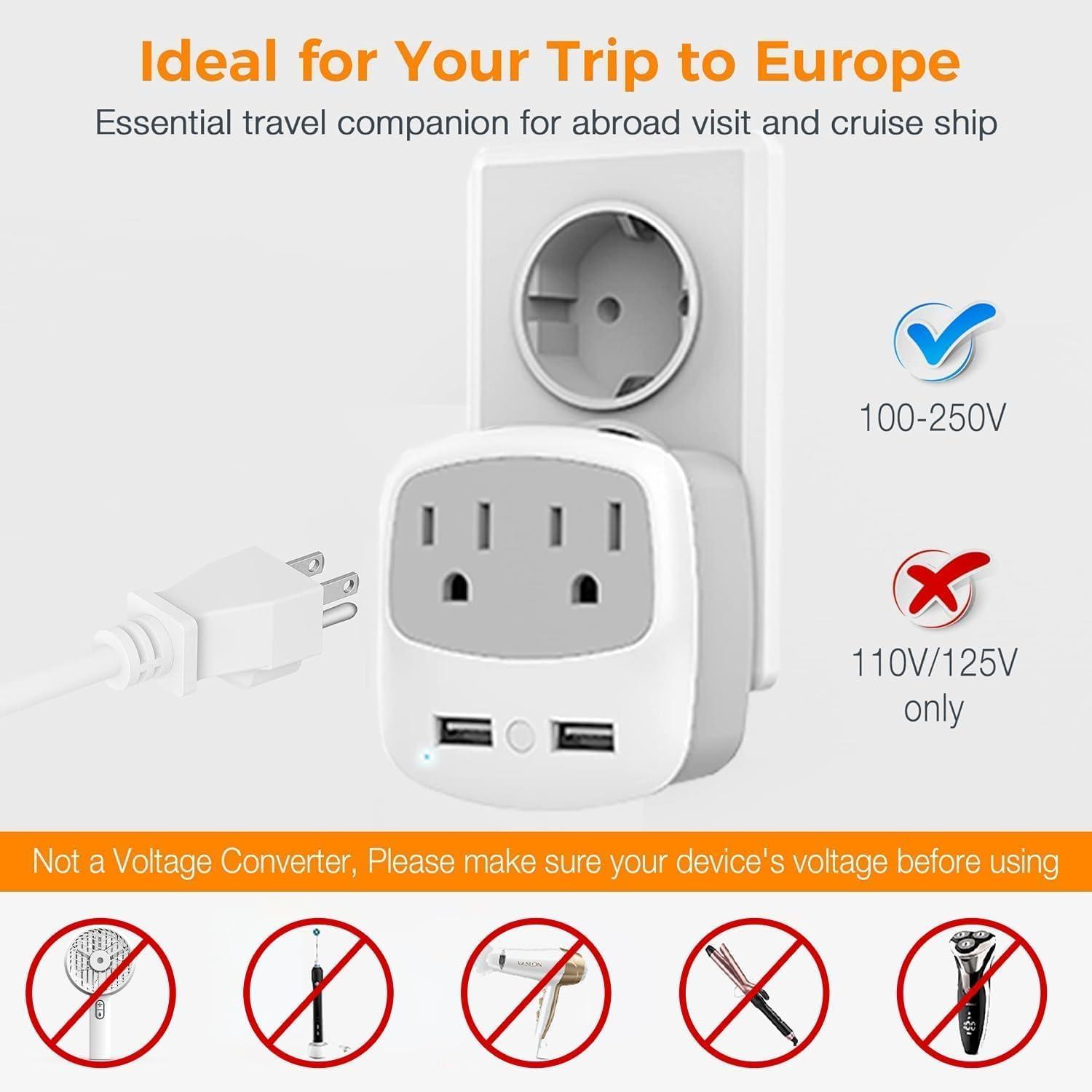 imageEuropean Travel Plug Adapter TESSAN Type C Adaptor with 2 Electrical Outlets 2 USB Ports 1 USB C EU Power Adapter for US to Europe International Iceland Spain Italy France Germany GreeceGreyType C2 Pack