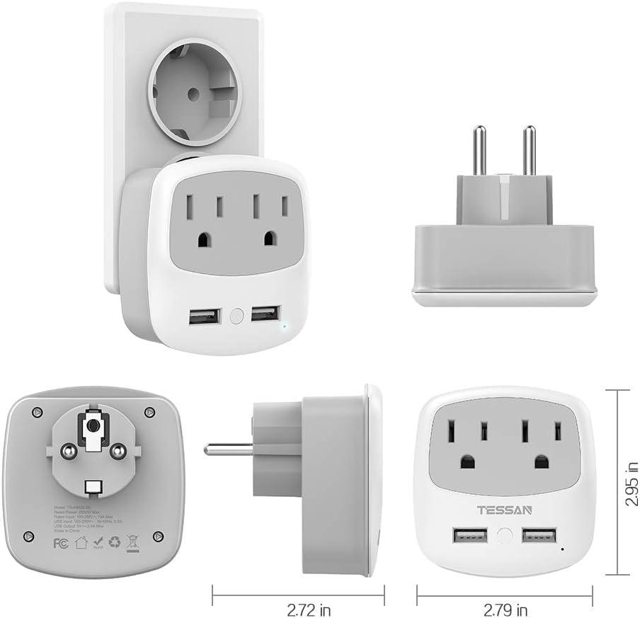 imageEuropean Travel Plug Adapter TESSAN Type C Adaptor with 2 Electrical Outlets 2 USB Ports 1 USB C EU Power Adapter for US to Europe International Iceland Spain Italy France Germany GreeceGreyType EF2 Pack