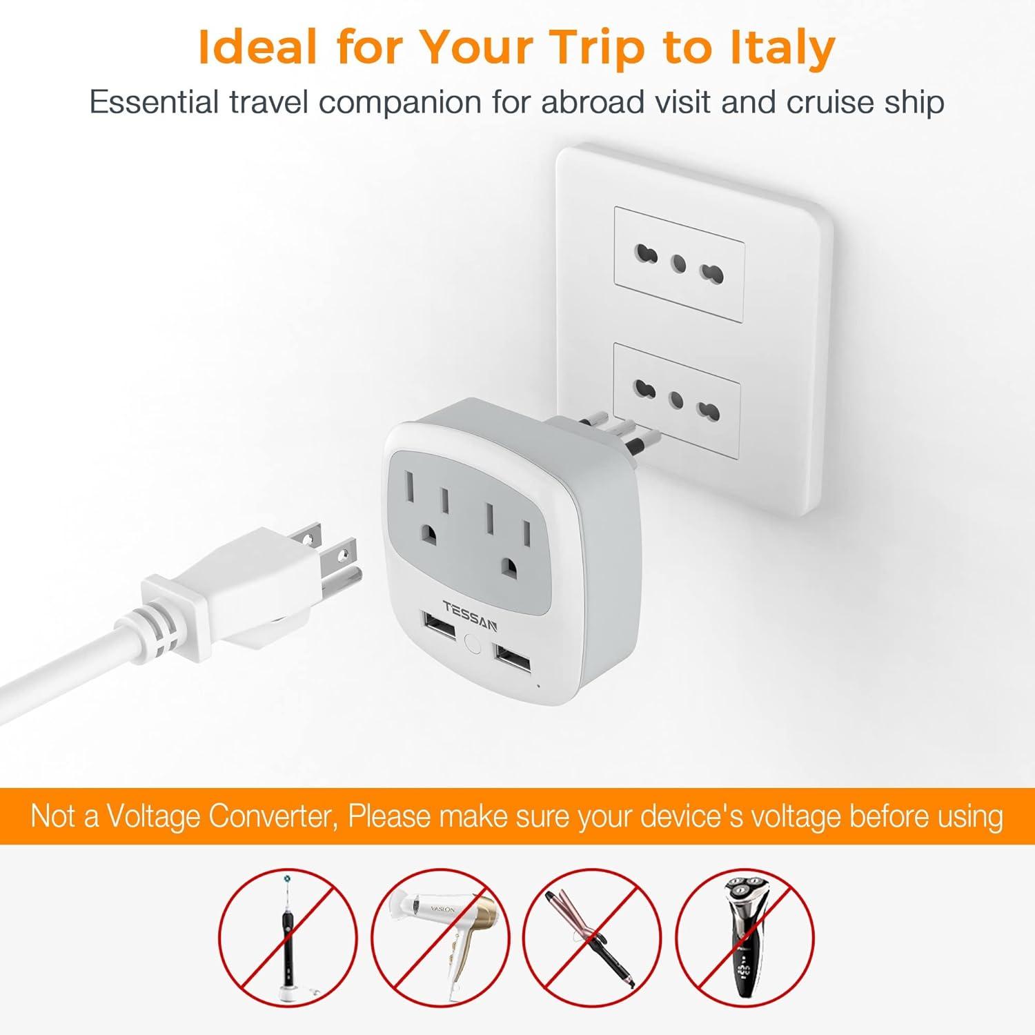 imageEuropean Travel Plug Adapter TESSAN Type C Adaptor with 2 Electrical Outlets 2 USB Ports 1 USB C EU Power Adapter for US to Europe International Iceland Spain Italy France Germany GreecegreyType L