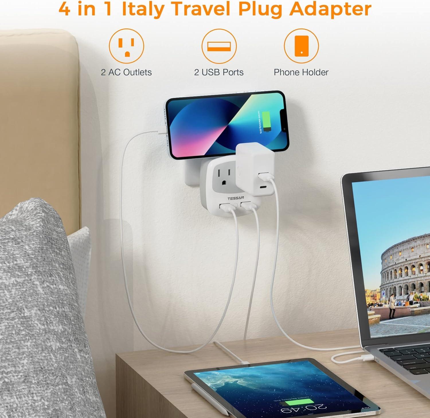 imageEuropean Travel Plug Adapter TESSAN Type C Adaptor with 2 Electrical Outlets 2 USB Ports 1 USB C EU Power Adapter for US to Europe International Iceland Spain Italy France Germany GreecegreyType L