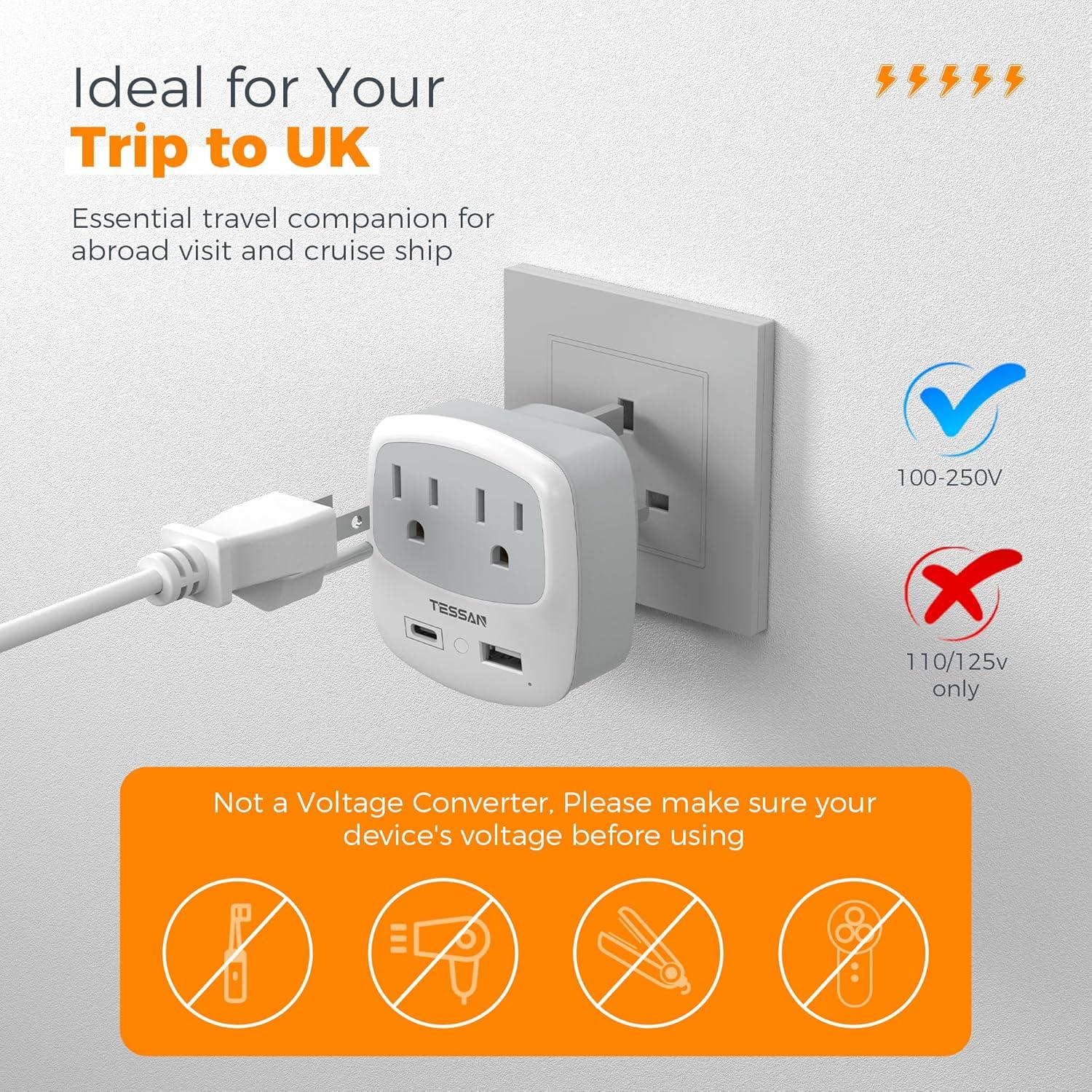 imageEuropean Travel Plug Adapter TESSAN Type C Adaptor with 2 Electrical Outlets 2 USB Ports 1 USB C EU Power Adapter for US to Europe International Iceland Spain Italy France Germany GreeceGreyUKUSB C