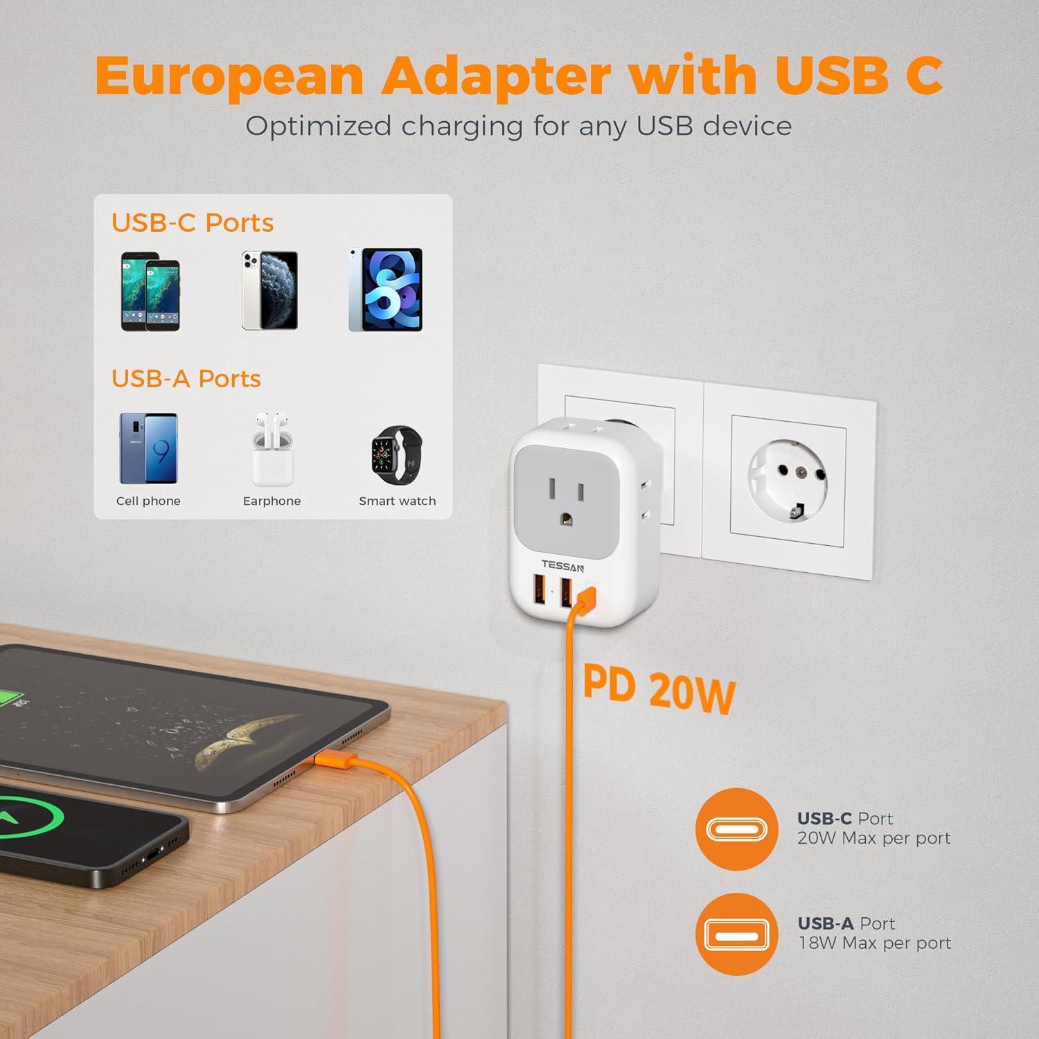 imageSwitzerland Power Adapter 2 Pack TESSAN Type J Adaptor with 4 Outlets 3 USB Charging Ports1 USB C Swiss Travel Plug for US to Switzerland Liechtenstein RwandaType C  Foldable Plug