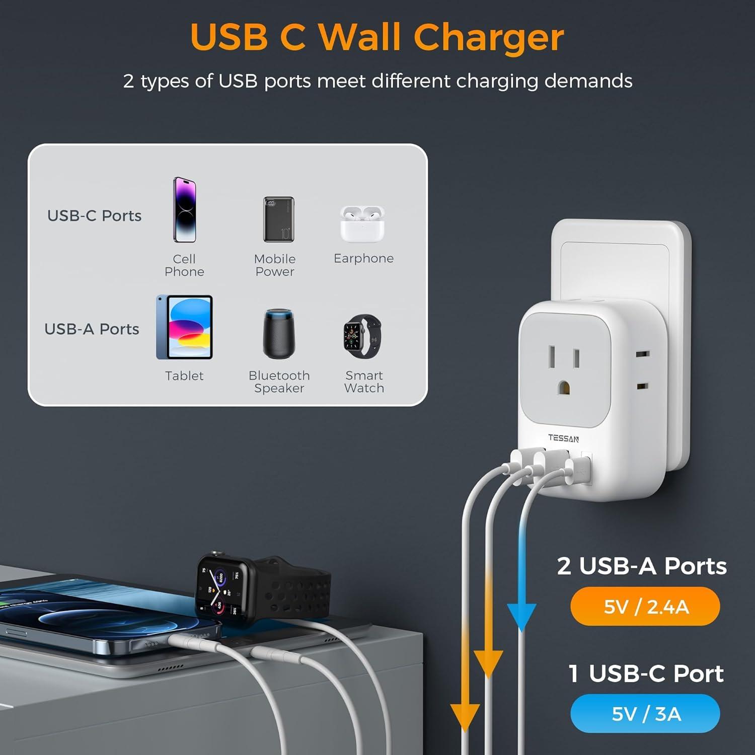 imageSwitzerland Power Adapter 2 Pack TESSAN Type J Adaptor with 4 Outlets 3 USB Charging Ports1 USB C Swiss Travel Plug for US to Switzerland Liechtenstein RwandaType L  Italy Chile