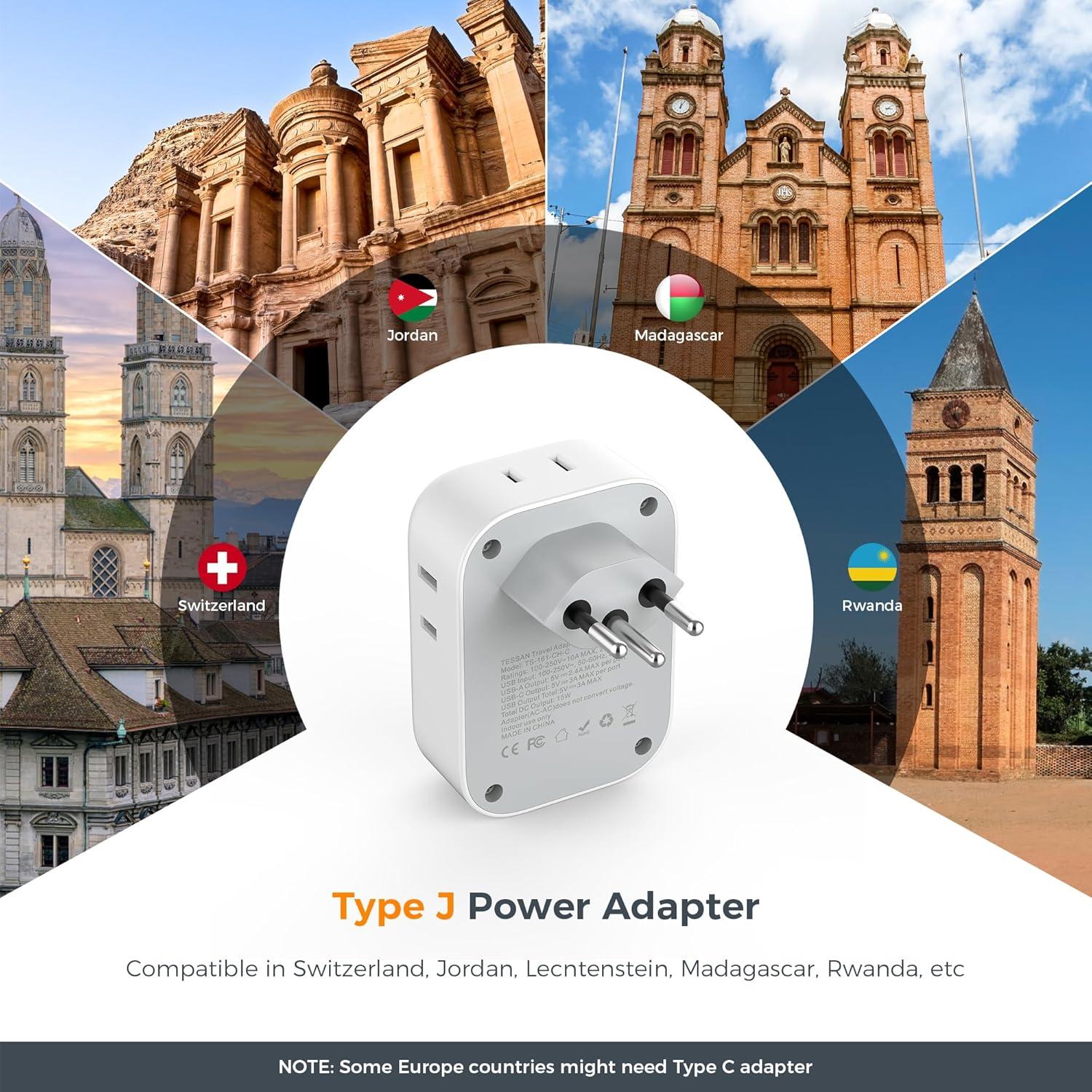 imageSwitzerland Power Adapter 2 Pack TESSAN Type J Adaptor with 4 Outlets 3 USB Charging Ports1 USB C Swiss Travel Plug for US to Switzerland Liechtenstein RwandaType J  Switzerland