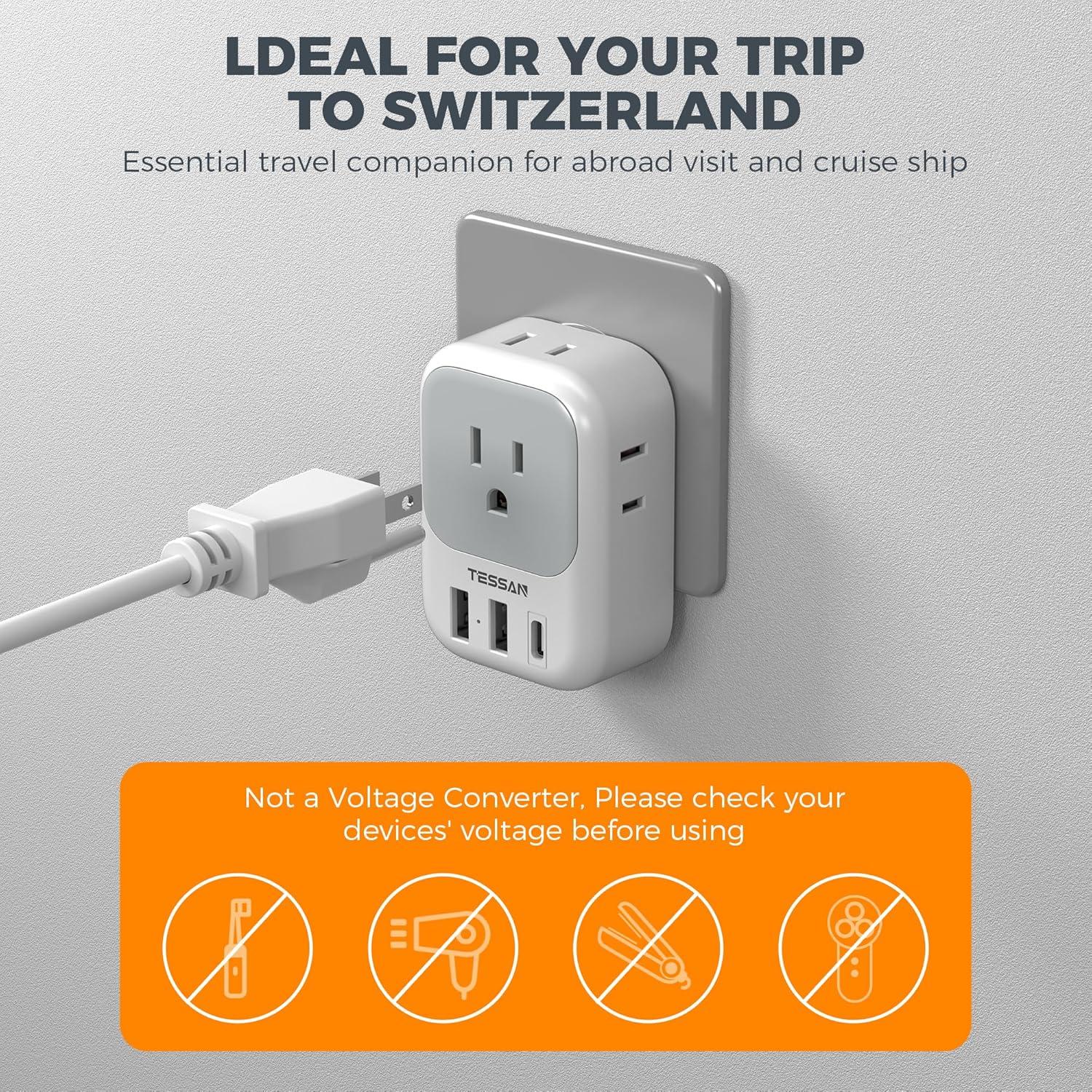 imageSwitzerland Power Adapter 2 Pack TESSAN Type J Adaptor with 4 Outlets 3 USB Charging Ports1 USB C Swiss Travel Plug for US to Switzerland Liechtenstein RwandaType J  Switzerland