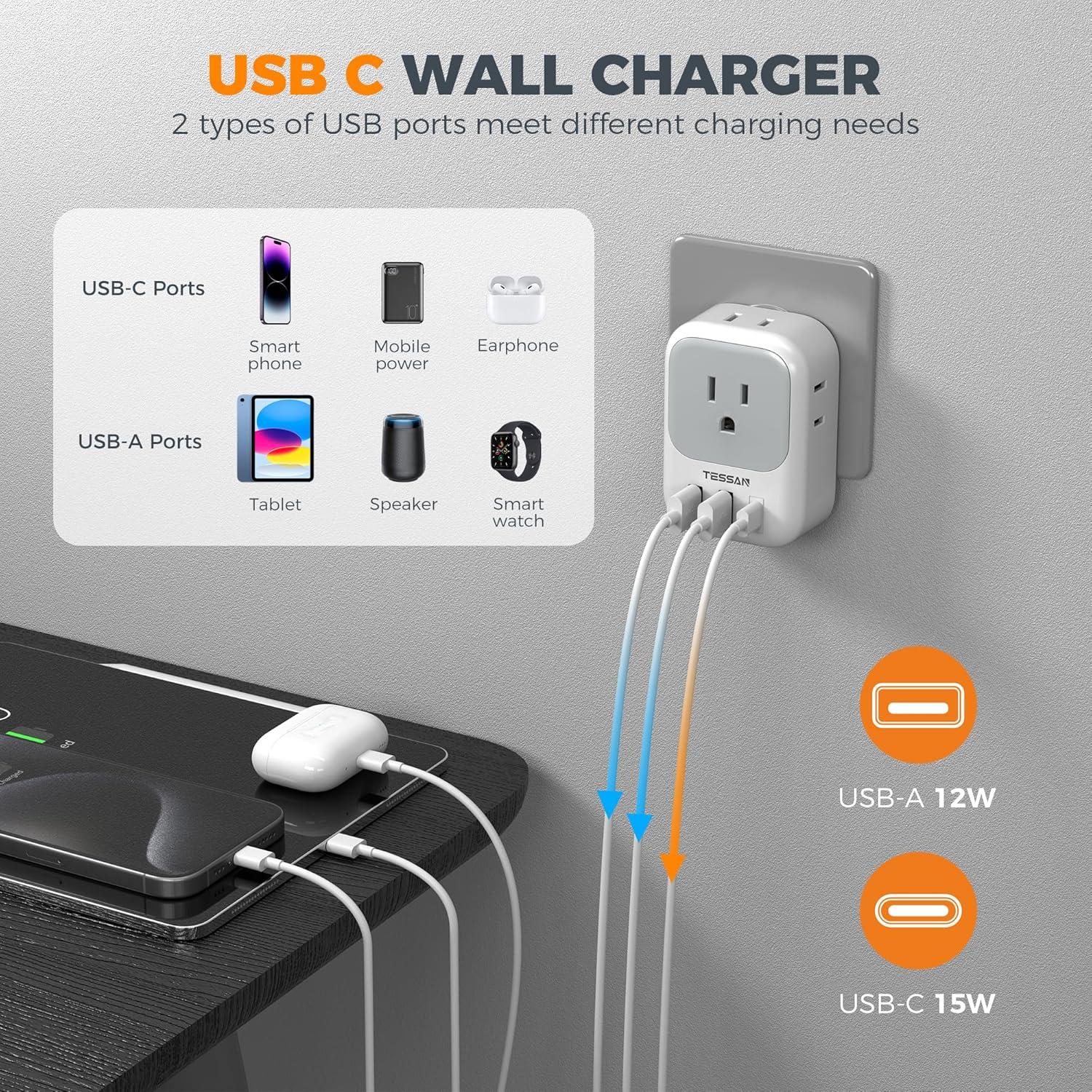 imageSwitzerland Power Adapter 2 Pack TESSAN Type J Adaptor with 4 Outlets 3 USB Charging Ports1 USB C Swiss Travel Plug for US to Switzerland Liechtenstein RwandaType J  Switzerland
