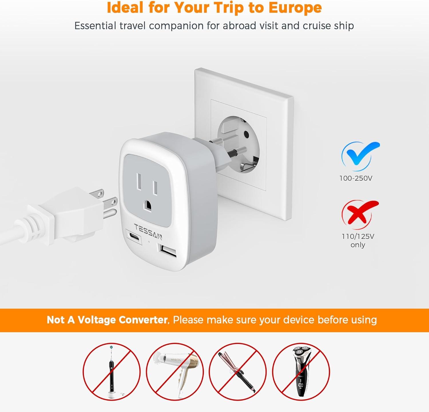 imageTESSAN European Travel Plug Adapter Europe Power Adaptor with 2 USB Ports International Type C Outlet Charger for US to Most of EU Iceland Spain Italy France Germanywhitegrey