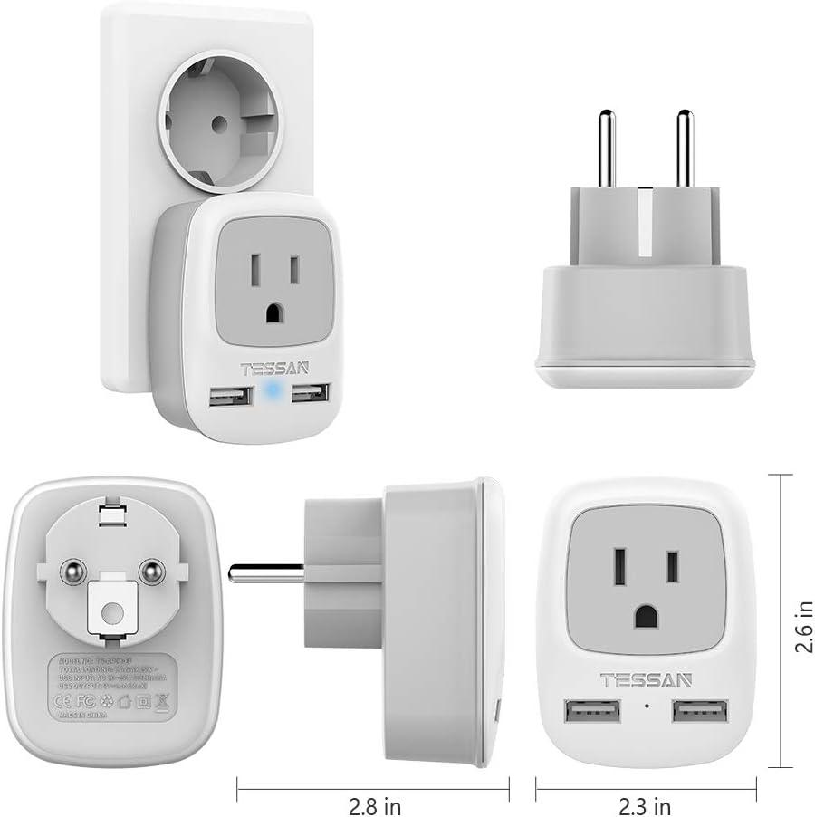 imageTESSAN European Travel Plug Adapter Europe Power Adaptor with 2 USB Ports International Type C Outlet Charger for US to Most of EU Iceland Spain Italy France GermanyGrey white