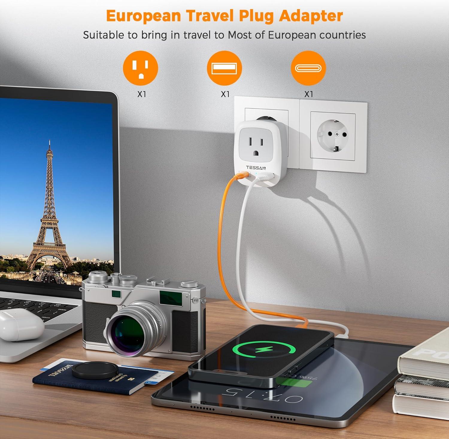 imageTESSAN European Travel Plug Adapter Europe Power Adaptor with 2 USB Ports International Type C Outlet Charger for US to Most of EU Iceland Spain Italy France Germanywhitegrey