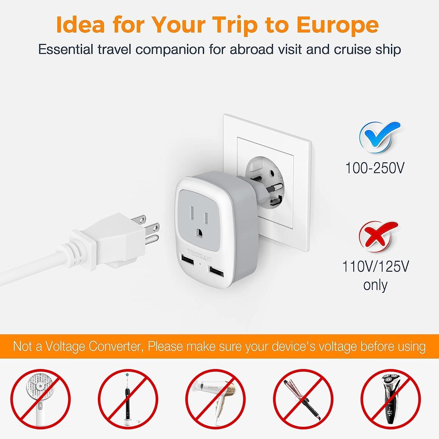 imageTESSAN European Travel Plug Adapter Europe Power Adaptor with 2 USB Ports International Type C Outlet Charger for US to Most of EU Iceland Spain Italy France GermanyGrayType C