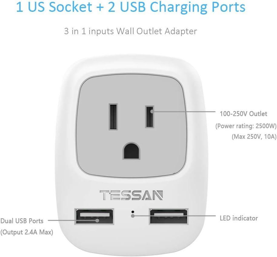 imageTESSAN European Travel Plug Adapter Europe Power Adaptor with 2 USB Ports International Type C Outlet Charger for US to Most of EU Iceland Spain Italy France GermanygraywhiteType H