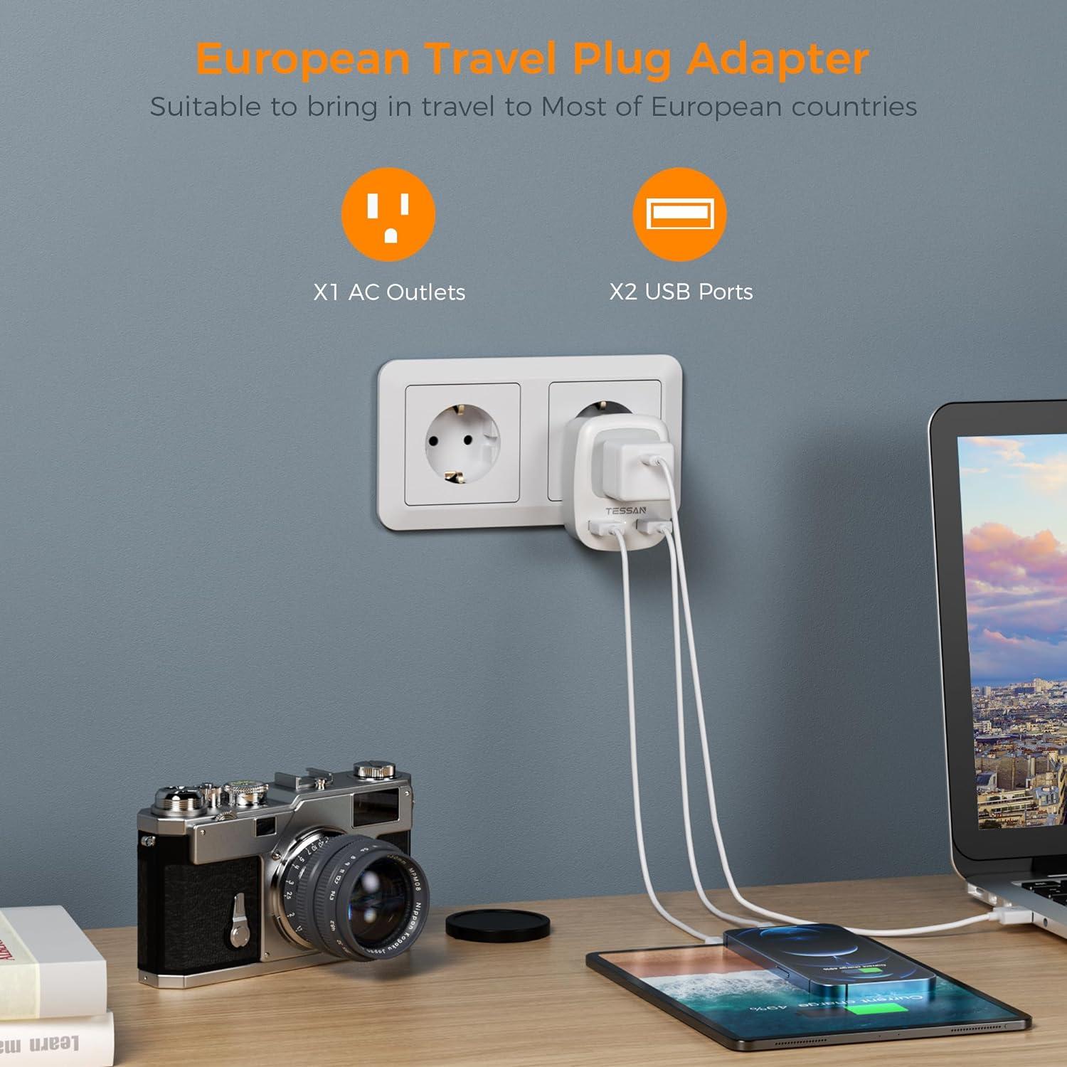 imageTESSAN European Travel Plug Adapter Europe Power Adaptor with 2 USB Ports International Type C Outlet Charger for US to Most of EU Iceland Spain Italy France GermanyGrayType C