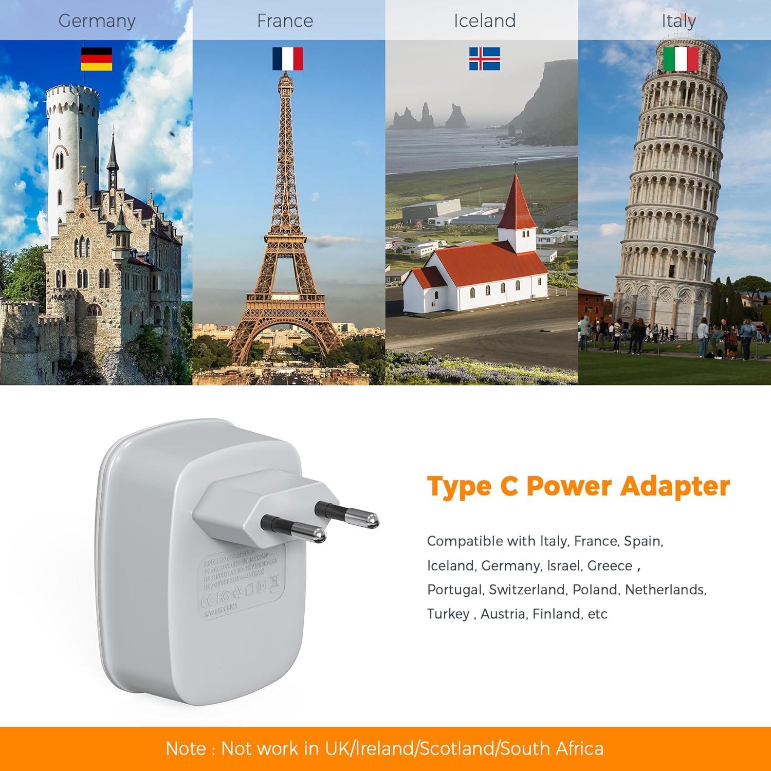 imageTESSAN European Travel Plug Adapter Europe Power Adaptor with 2 USB Ports International Type C Outlet Charger for US to Most of EU Iceland Spain Italy France Germanywhitegrey