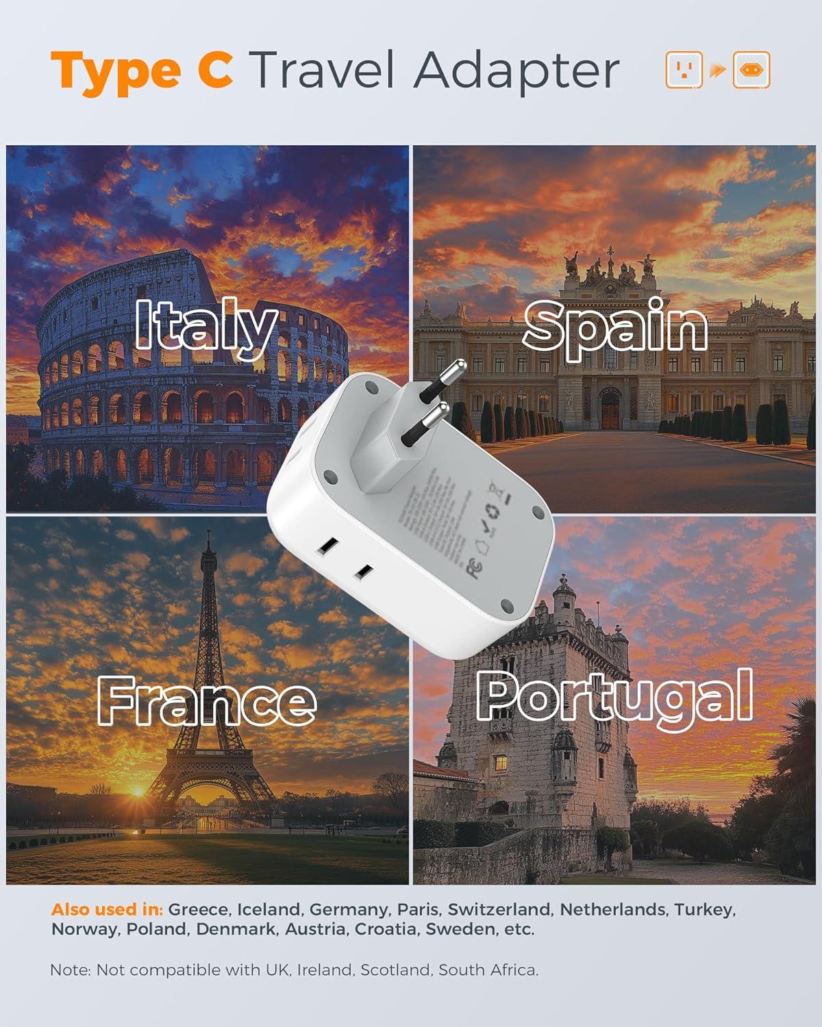 imageTESSAN European Travel Plug Adapter Type C Power Adaptor with 4 AC Outlets 3 USB Ports 2 USB C Europe Outlet Adapter for USA to EU Euro International Italy Iceland Spain France Greece GermanyGreyType C 2 USB C