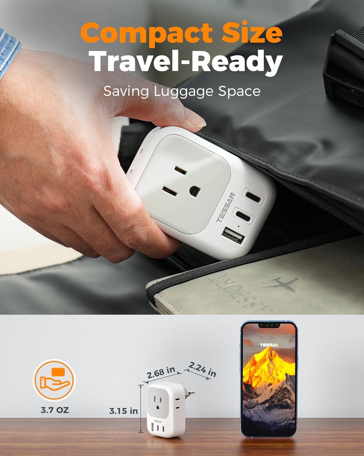 imageTESSAN European Travel Plug Adapter Type C Power Adaptor with 4 AC Outlets 3 USB Ports 2 USB C Europe Outlet Adapter for USA to EU Euro International Italy Iceland Spain France Greece GermanygreywhiteType J