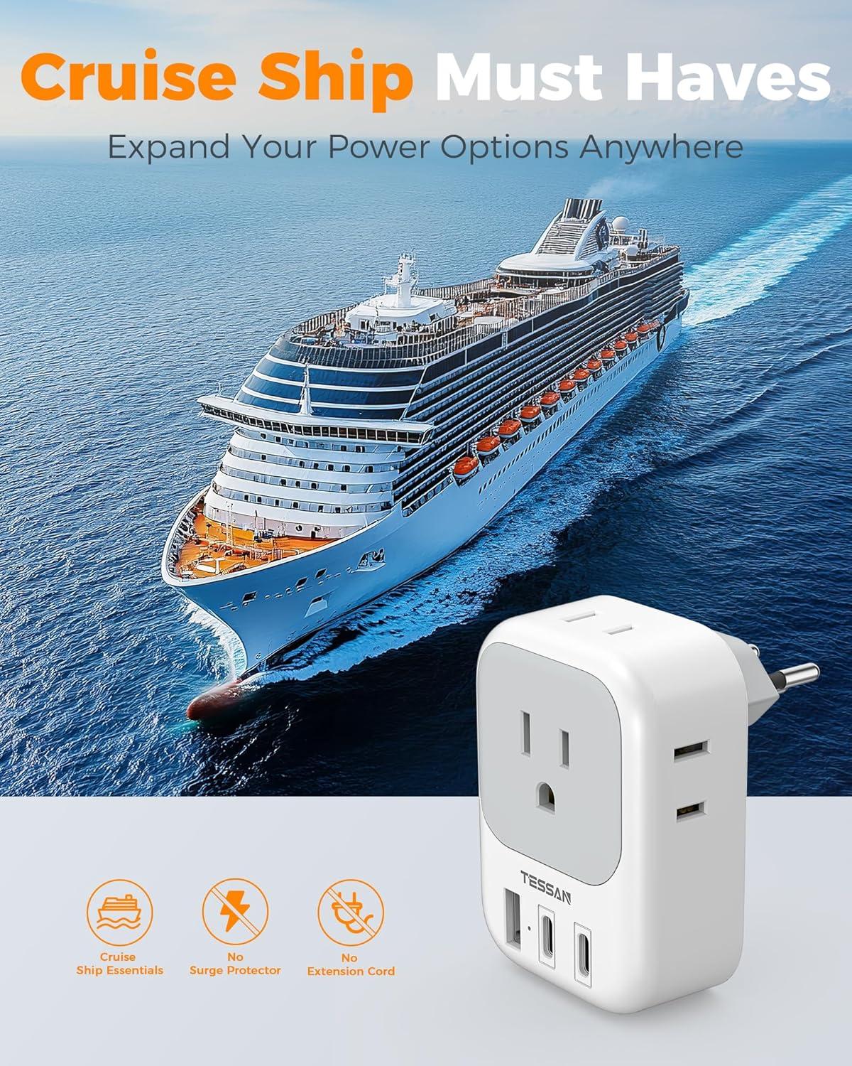 imageTESSAN European Travel Plug Adapter Type C Power Adaptor with 4 AC Outlets 3 USB Ports 2 USB C Europe Outlet Adapter for USA to EU Euro International Italy Iceland Spain France Greece GermanygreywhiteType J