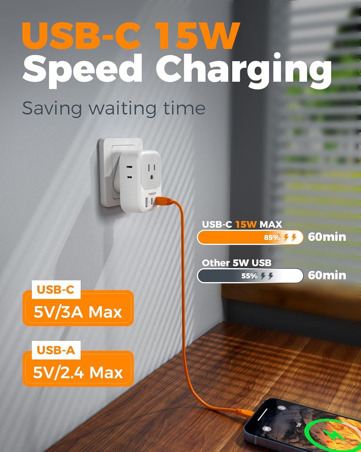 imageTESSAN European Travel Plug Adapter Type C Power Adaptor with 4 AC Outlets 3 USB Ports 2 USB C Europe Outlet Adapter for USA to EU Euro International Italy Iceland Spain France Greece GermanygreyType M
