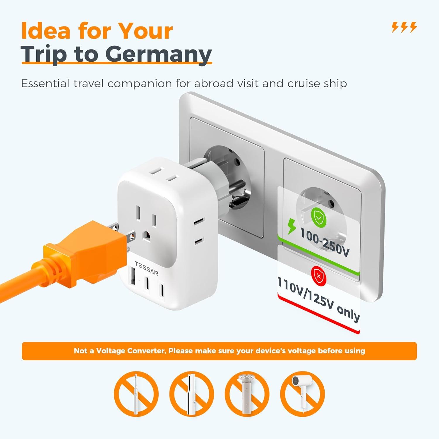 imageTESSAN European Travel Plug Adapter Type C Power Adaptor with 4 AC Outlets 3 USB Ports 2 USB C Europe Outlet Adapter for USA to EU Euro International Italy Iceland Spain France Greece GermanyGreyType EF 2 USB C