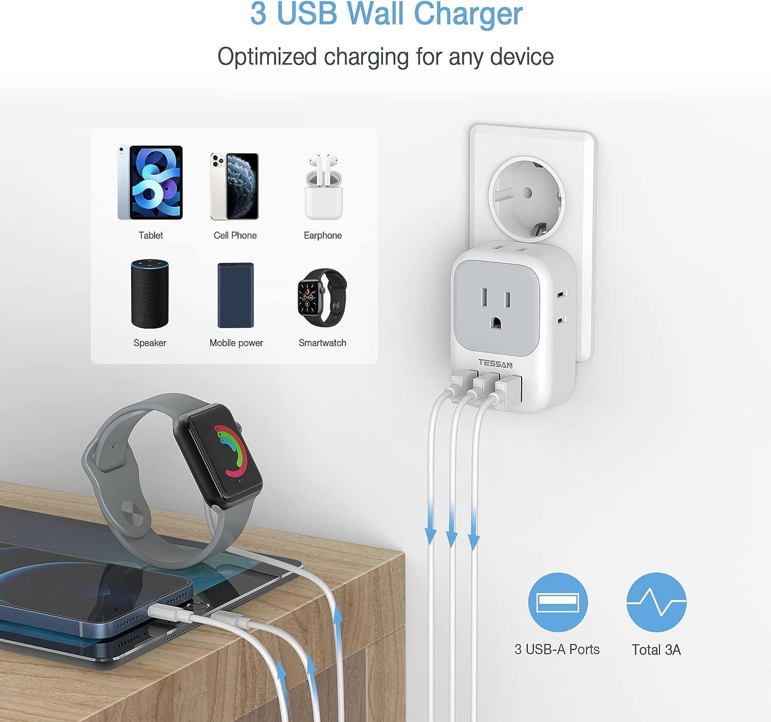imageTESSAN European Travel Plug Adapter Type C Power Adaptor with 4 AC Outlets 3 USB Ports 2 USB C Europe Outlet Adapter for USA to EU Euro International Italy Iceland Spain France Greece GermanygreywhiteType EF